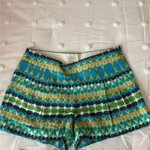J. Crew High Waist Blue and Green Shorts with Striking Pattern